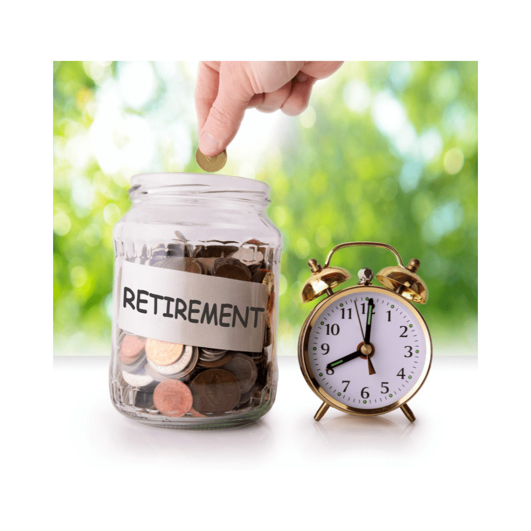 "Safe Retirement Solutions" jar filled with coins next to a clock