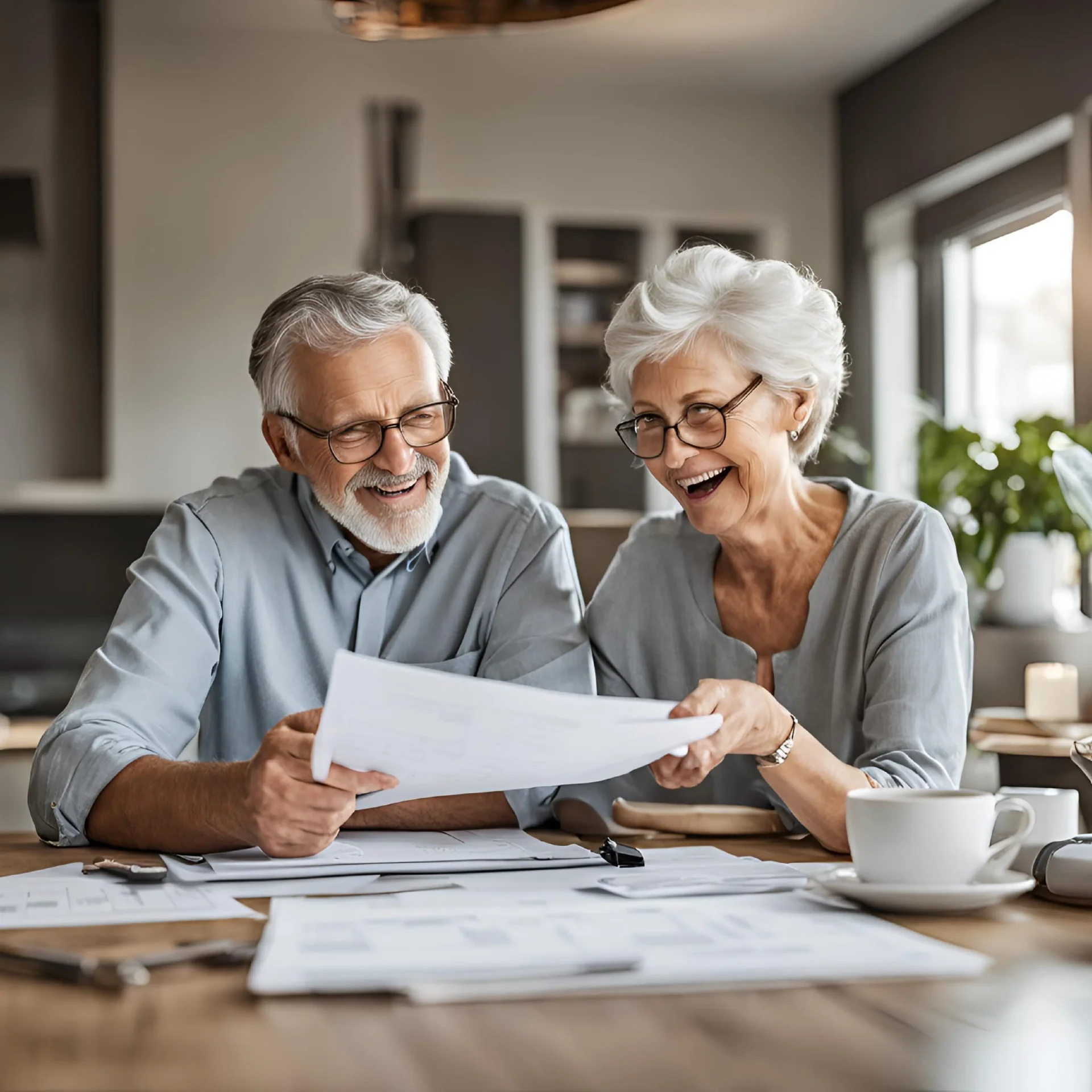 Elderly couple smiling over documents at table.