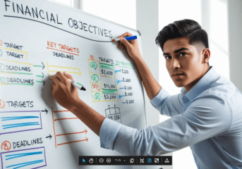 Achieving Financial Goals An Individual mapping out financial objectiveson a whiteboard to acheive specific money targets Image