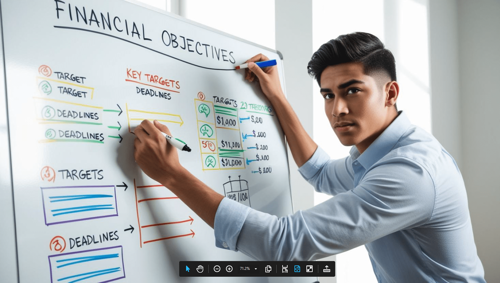 Achieving Financial Goals An Individual mapping out financial objectiveson a whiteboard to acheive specific money targets Image